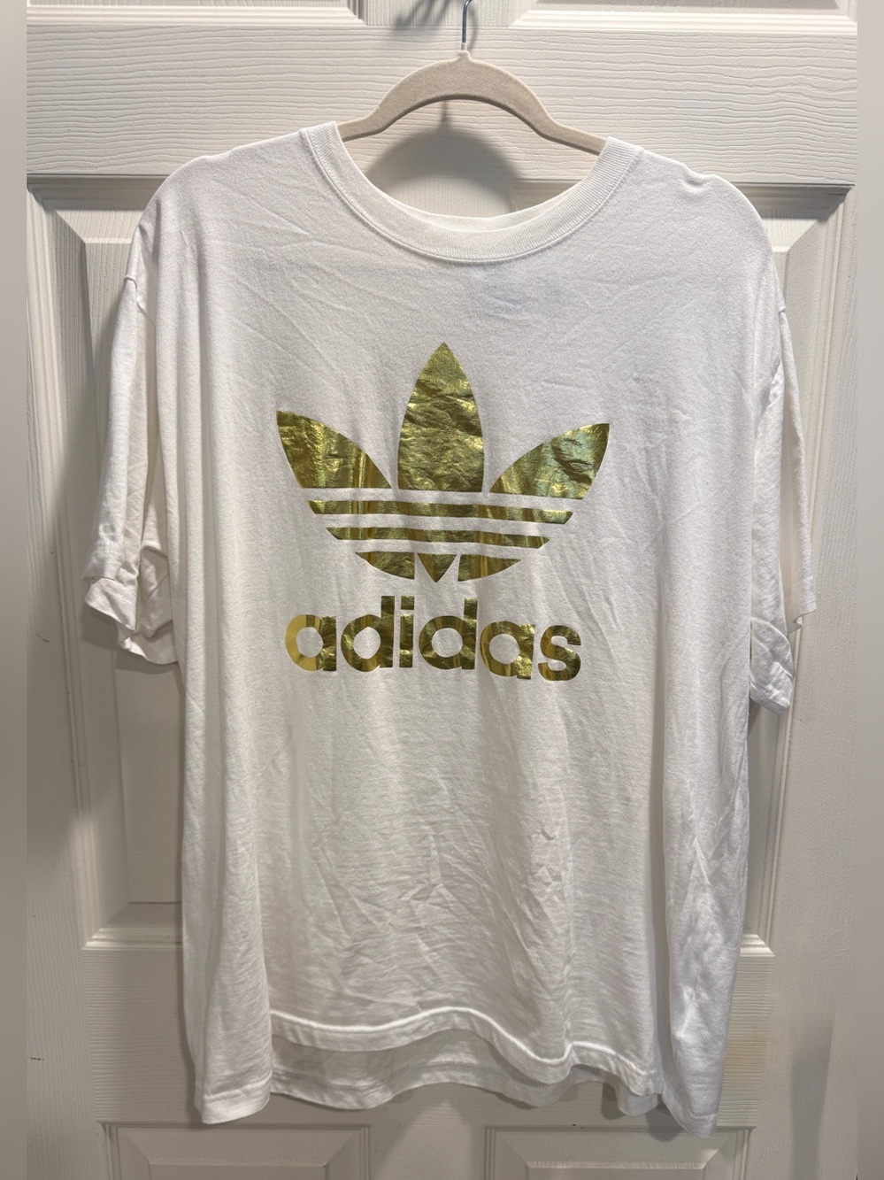 Adidas Originals White Gold Foil Trefoil Graphic Tee T-Shirt XL Cotton - Picture 3 of 7